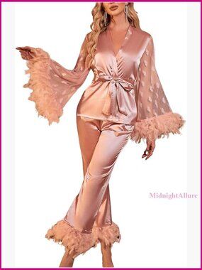 Satin Mesh Feather Trim Long Sleeve Pajama Set Lounge Wear